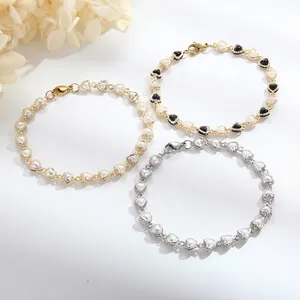Heart Shaped Connected Link Bracelet Stainless Steel Faux Artificial Pearl Inlay Sweet Jewelry For Women Elegant Daily Accessory