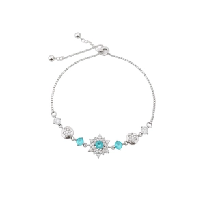 Vintage zircon flower pendant bracelet with silver finish and turquoise adjustable chain