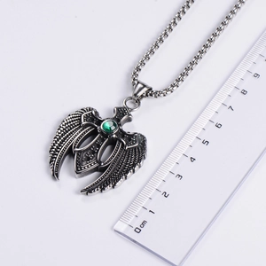 Retro titanium steel angel wing cross pendant with green zircon gemstone and ruler measurement