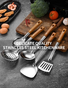 Detailed set of stainless steel kitchen utensils with heat-resistant wood-grain handles