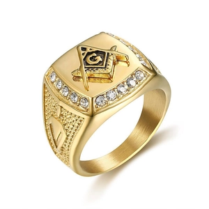 Classic Freemason AG titanium steel ring with gold plating and clear zircons