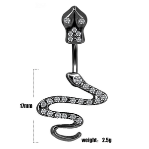 Macro detail of snake-shaped navel piercing in black finish with white zircon stones