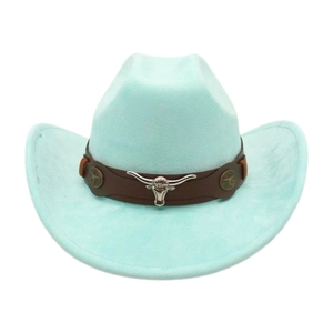 Detail of mint green cowboy hat with leather band and silver bull head ornament