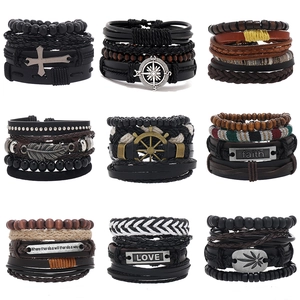 Vintage Multi Layer Men Bracelet Cowhide Leather Braided Cord Wood Beads Alloy Charms Adjustable Retro Jewelry Gift