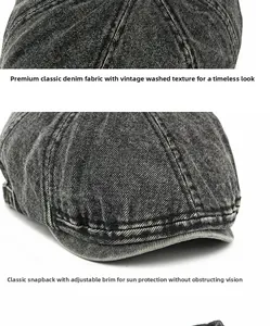 Detail van gewassen denim stof en verstelbare korte rand van een retro pet