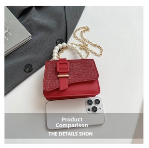 Detail of red sequined mini bag with pearl handle and golden chain next to a smartphone