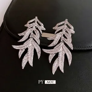 Vintage silver leaf tassel drop earrings with sparkling rhinestones for women