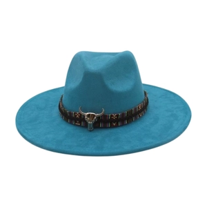 Cyan wide-brimmed fedora hat with ethnic band and silver bull skull ornament detail