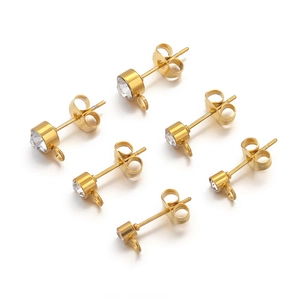 Gold stainless steel stud earrings with rhinestone and hanging loop for DIY jewelry making