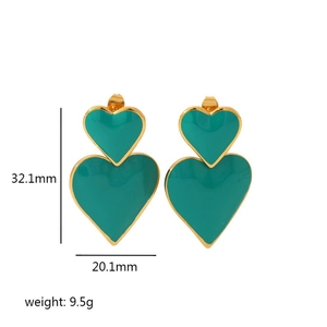 Detailed dimensions of double heart drop earrings in peacock green and gold finish