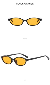 Front and side views of vintage oval sunglasses with black frames and orange lenses