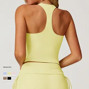 Racerback yoga tank top and drawstring shorts set for women in lemon yellow color