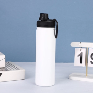 Macro shot of white stainless steel water bottle with magnetic black lid and carrying handle