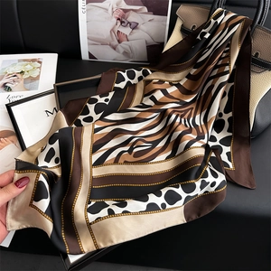 70cm leopard and zebra print silk scarf with geometric color block and gold chain border