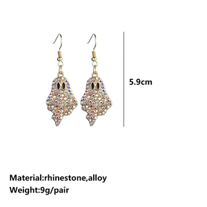Close-up of ghost earrings with colorful rhinestones and 5.9cm size dimension display
