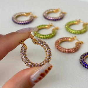 Full Cubic Zirconia Hoop Earrings Stainless Steel 18K Gold Plated Macaron Colored Niche Design For Women