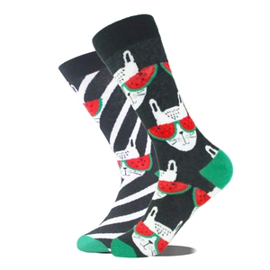 Chaussettes mi-hautes asymétriques avec motifs lapin et pastèque en noir et vert vif