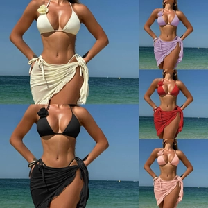 Women Bikini Halter Top And Tie Side Bottom And Mesh Sarong Skirt 3D Rose Flower Swimwear Solid Color Sexy Beachwear