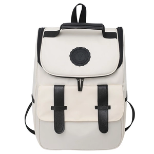 Minimalist cream white waterproof nylon backpack with black straps and buckle accents