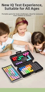 Three children playing together with a colorful logic bead puzzle and game manual