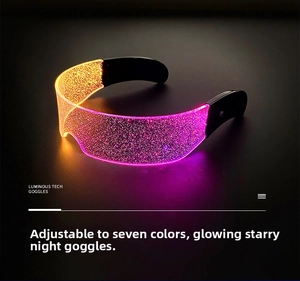 Detail of LED goggles showing 7-color adjustable starry light effect and cyberpunk design