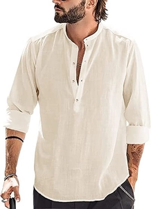 Close-up of linen fabric texture and button collar on men's casual long sleeve shirt