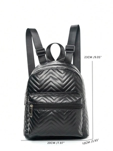 Detailed view of black quilted PU leather mini backpack with dimensions 23x20x10 cm