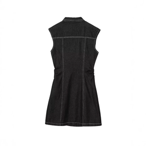 Back view of a black sleeveless denim dress with contrasting white stitching details