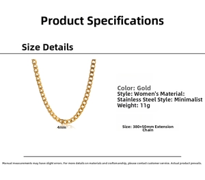 Detail view of 4mm gold-plated Cuban chain necklace with length measurement specifications