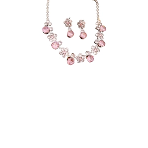 Pink crystal flower jewelry set with floral necklace and matching earrings on white background