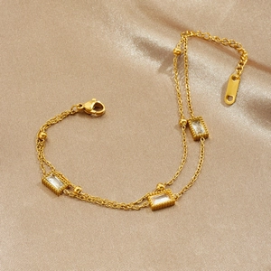 Double-layered gold-plated stainless steel chain bracelet with rectangular zircon stones