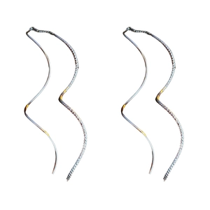 Minimalist silver wave earrings featuring a sleek spiral design on a white background