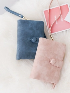 Fashionable bifold matte wallet for women in blue and pink with convenient wrist straps