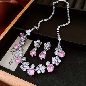 Vintage zircon flower pendant earrings and necklace jewelry set in black velvet box