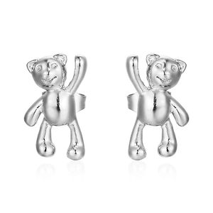 Polished silver stainless steel teddy bear stud earrings with crystal eyes on white background