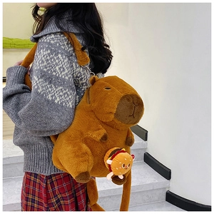 Brown plush Capybara backpack with a small hamburger charm shown on a model's back