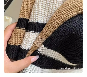 Detail showing knit sun hat texture and 22cm depth measurement in striped patterns