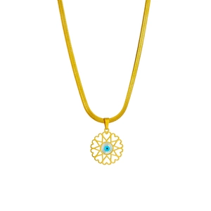 Gold evil eye circle pendant necklace with heart cutouts on a flat snake chain