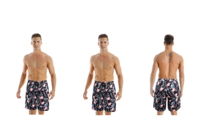 Men's beach shorts featuring black tropical floral print and elastic drawstring waistband