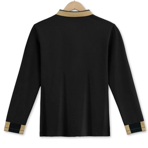 Men's waffle long sleeve polo shirt in black with beige collar trim back view