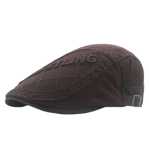 Adjustable dark coffee cotton newsboy cap with side STLING embroidery and metal buckle