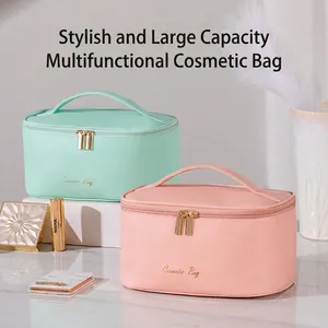 Large Capacity Cosmetic Bag PU Leather Waterproof Double Zipper Portable Travel Makeup Toiletry Storage Organizer For Women