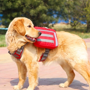 Red pet dog backpack harness with reflective strips for medium and large dogs