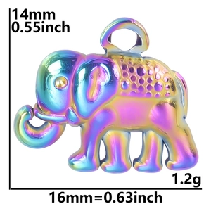 Rainbow plated stainless steel elephant pendant with dimensions 14mm height and 16mm width