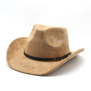Classic khaki suede cowboy hat with wide brim and brown leather band detail