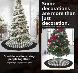 Detail of a 120cm black and white buffalo plaid Christmas tree skirt in various home settings