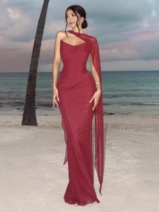 Elegant red off-shoulder slim evening dress with sheer side cape for beach parties