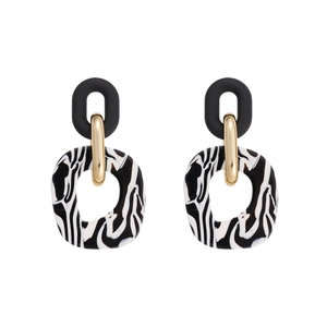 Retro geometric hollow oval earrings with zebra stripe resin and gold link chain
