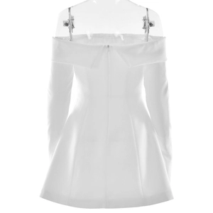 Detailed back view of white off-shoulder dress featuring zipper and pleated skirt detail
