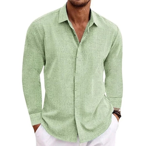 Men's loose fit light green linen shirt with long sleeves and button-down collar design